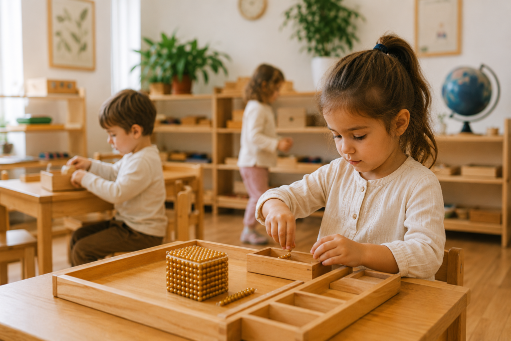 Bambino di 3-6 anni al lavoro con i materiali Montessori