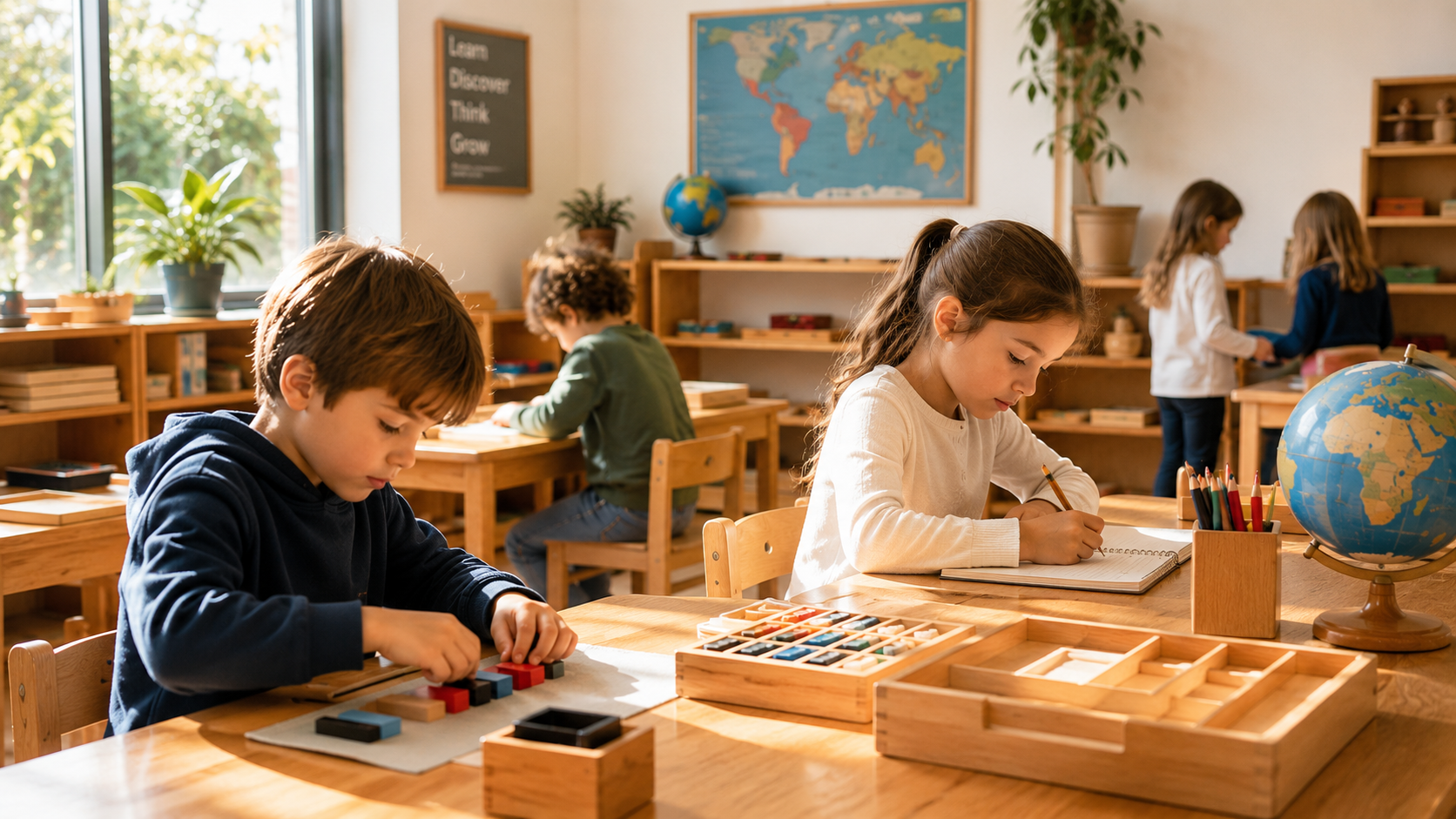 Bambini di 6-12 anni al lavoro con i materiali Montessori